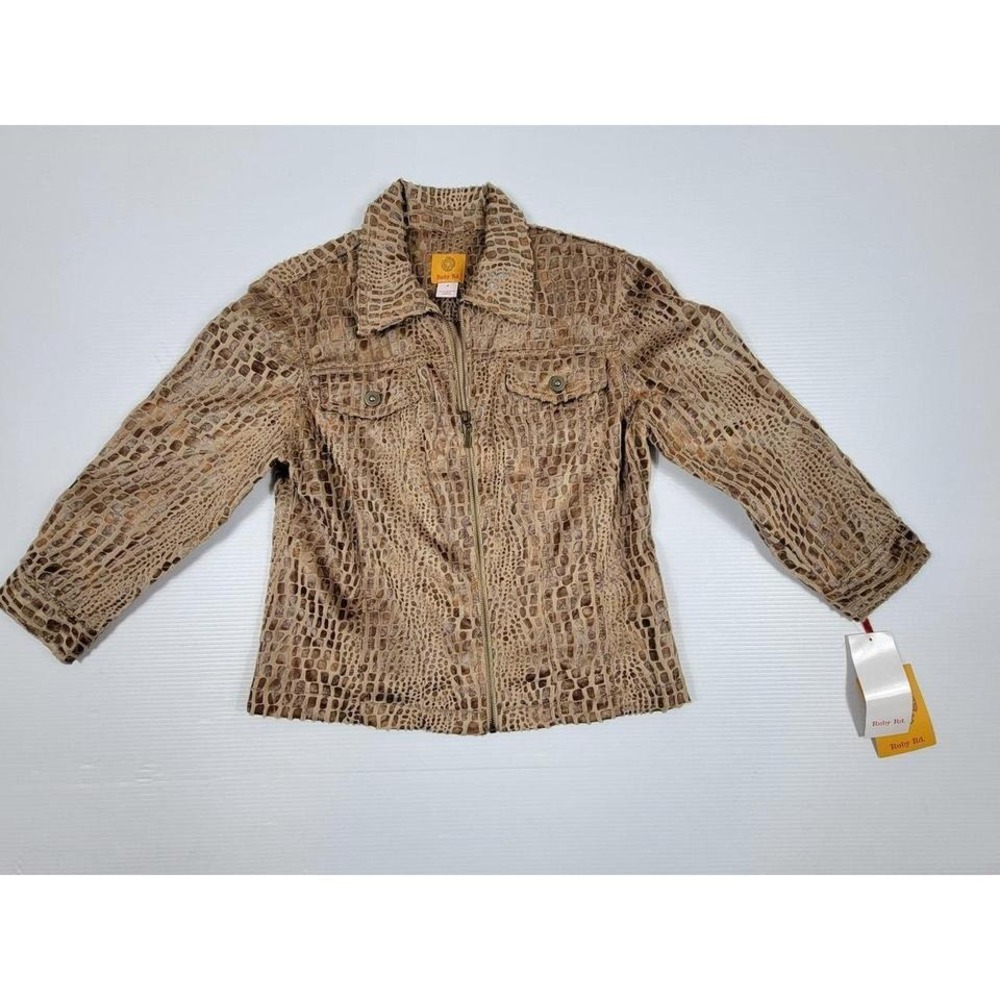 NWT Ruby Rd Womens Retro Bomber Jacket 8 Brown Faux Alligator Skin Zip Up